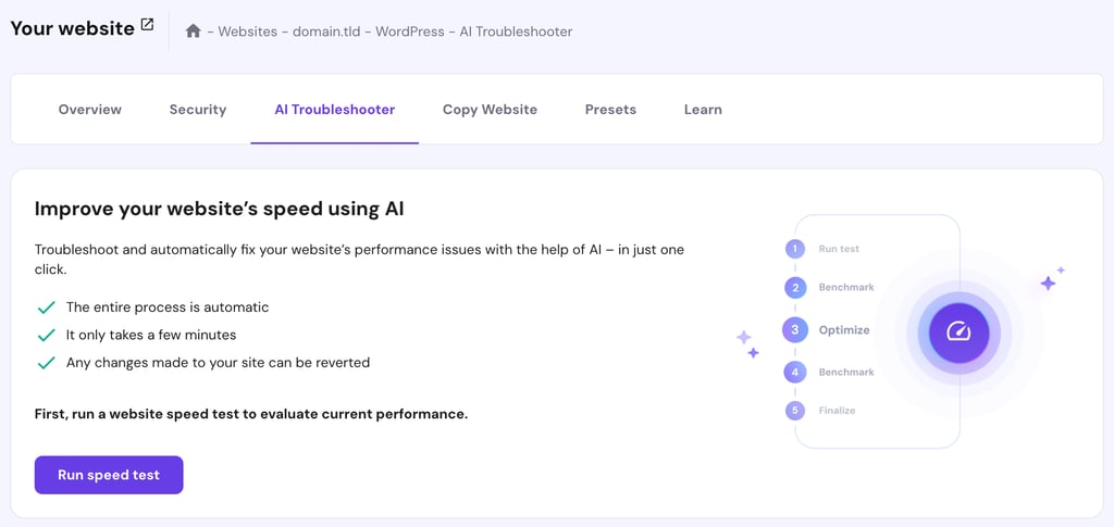 WordPress AI Troubleshooter in hPanel.