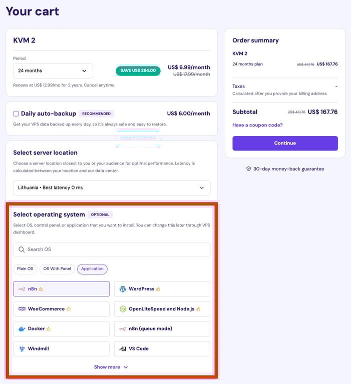 VPS hosting cart with n8n application template preselected. 