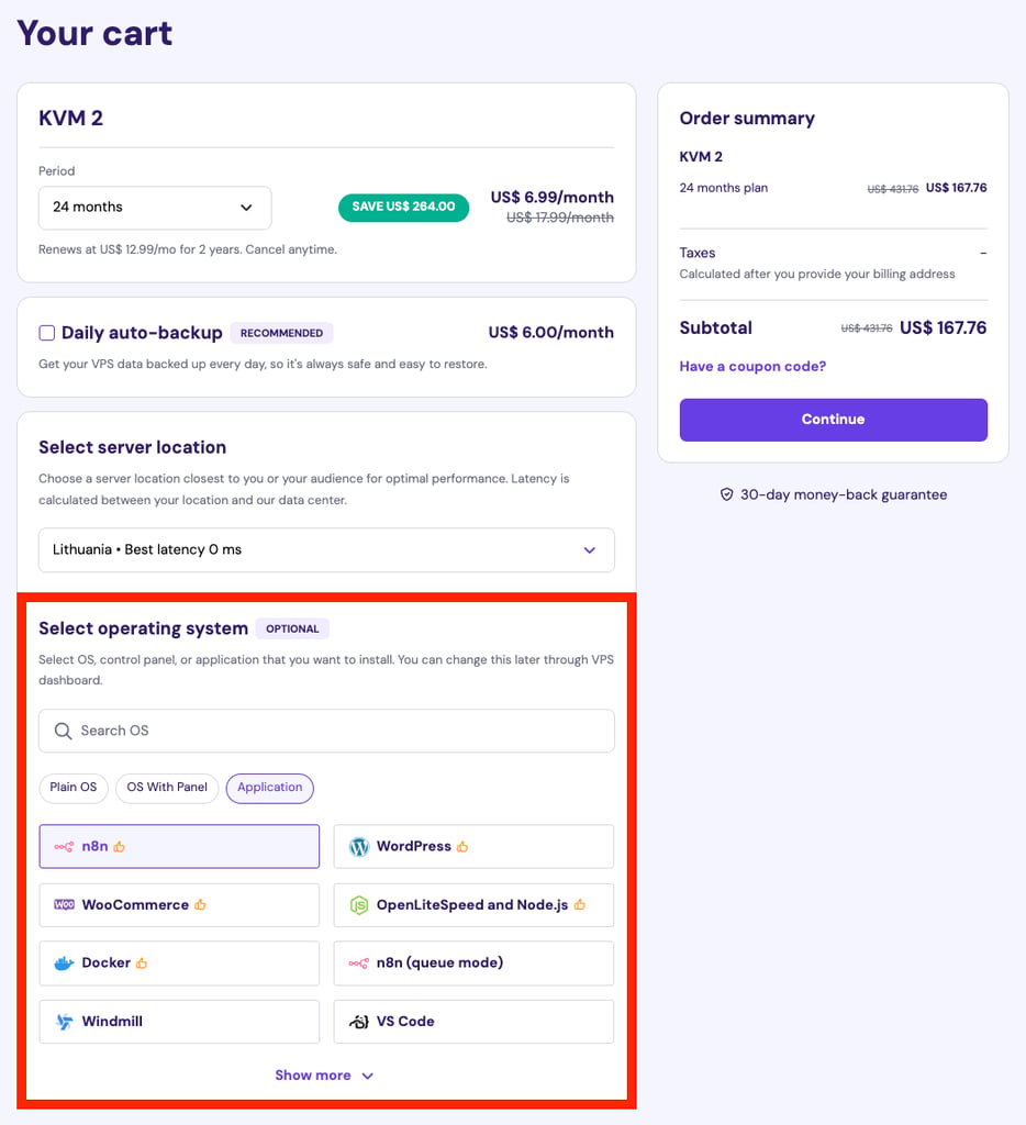 VPS hosting cart with n8n application template preselected.