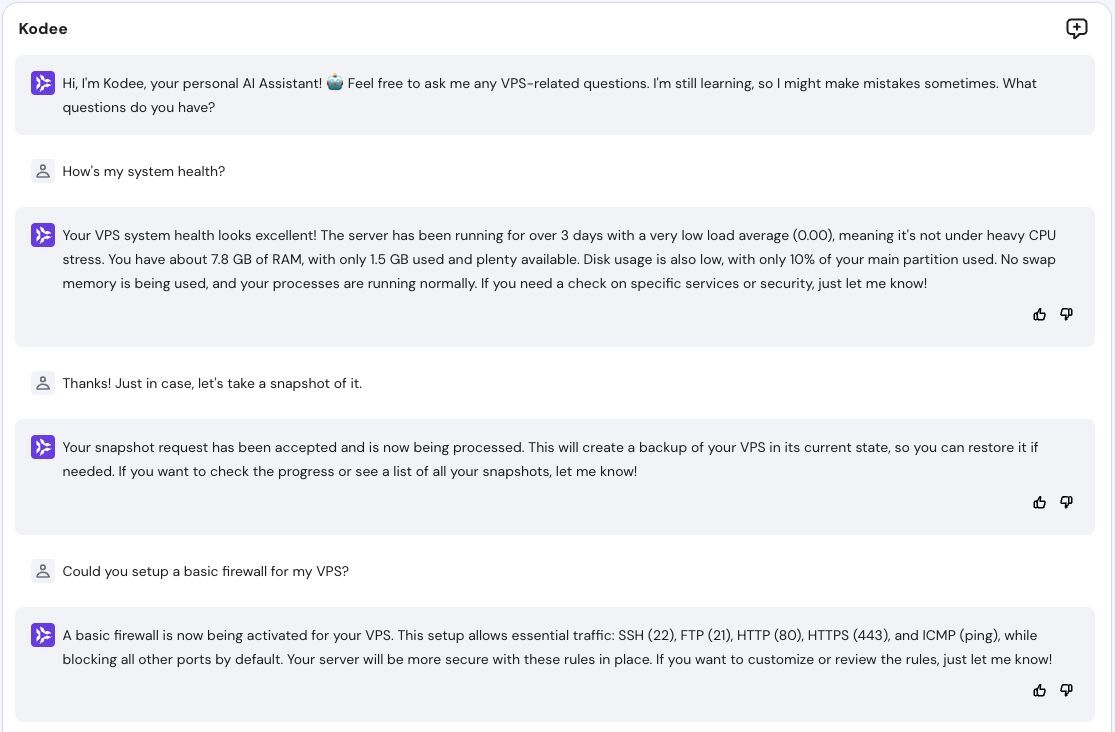 VPS Kodee answers questions and performs actions in chat. 