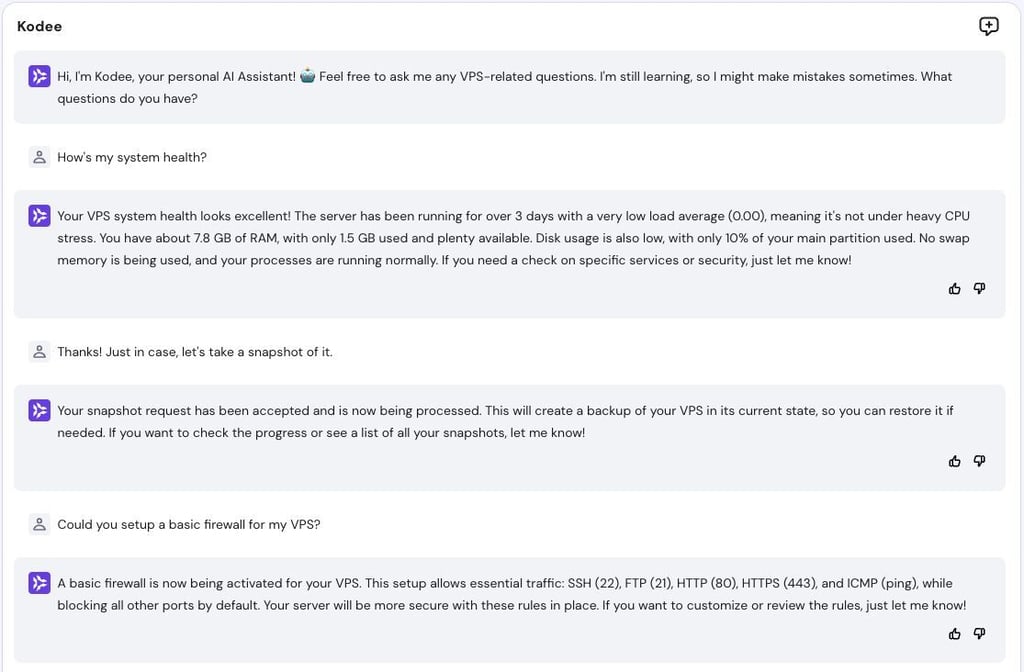 VPS Kodee answers questions and performs actions in chat.
