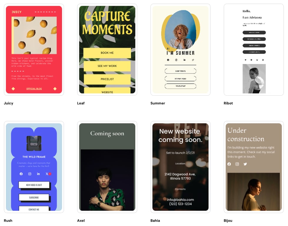 Link-in-bio website templates in Hostinger Website Builder.