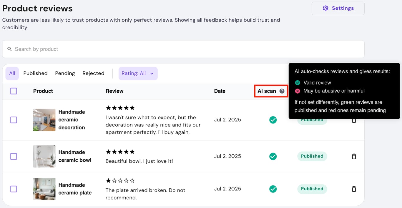 Hostinger Website Builder store management showing product reviews with AI scan highlighted.