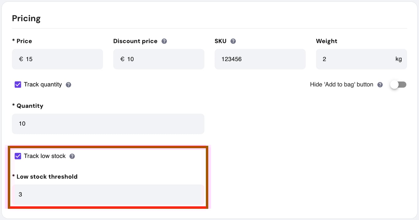 Store management in Hostinger Website Builder with Track low stock highlighted.