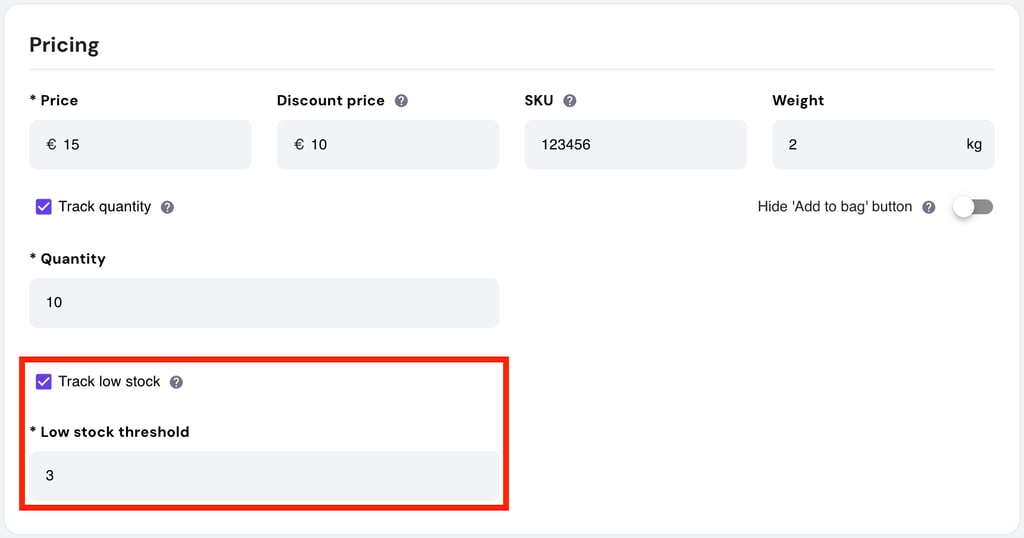 Store management in Hostinger Website Builder with Track low stock highlighted.
