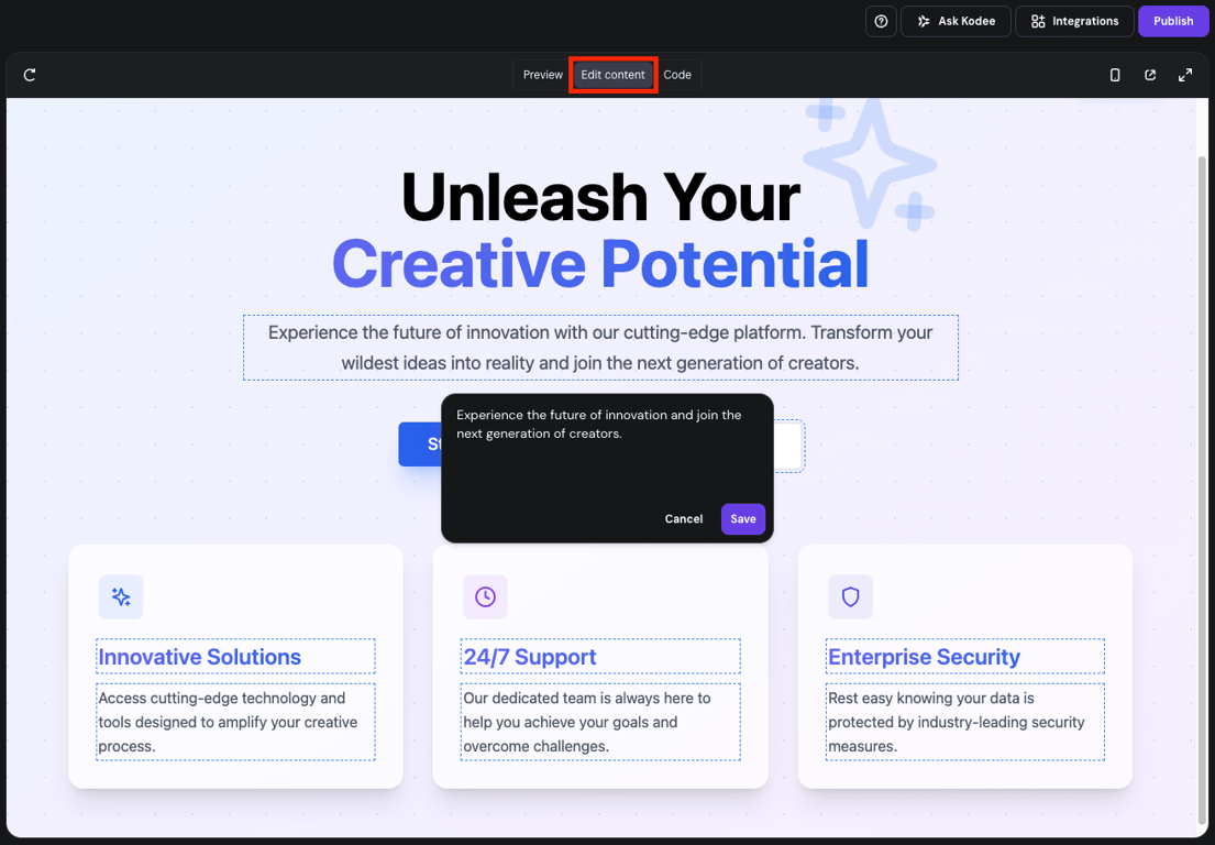 Horizons interface with Edit content highlighted.