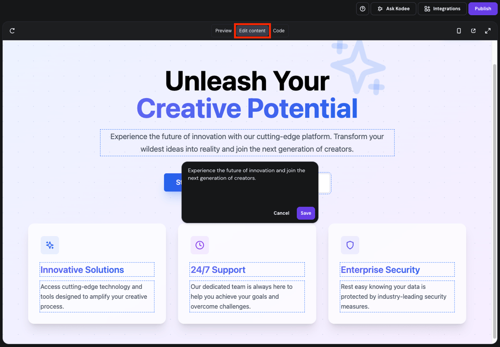 Horizons interface with Edit content highlighted.