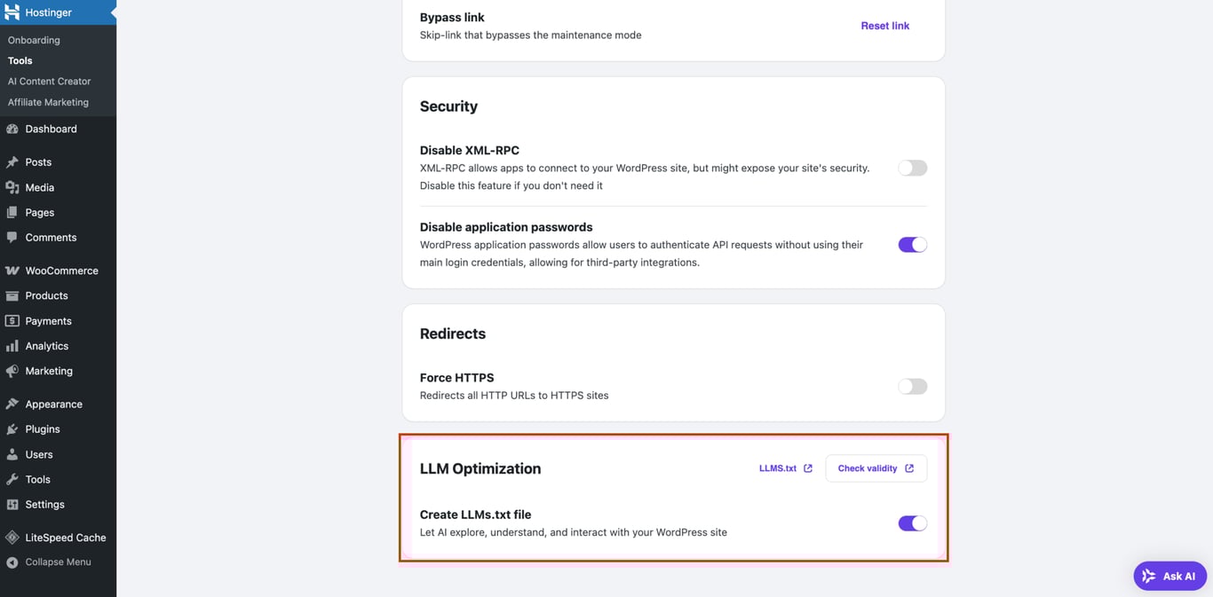 LLM Optimization highlighted in Hostinger Tools plugin for WordPress.