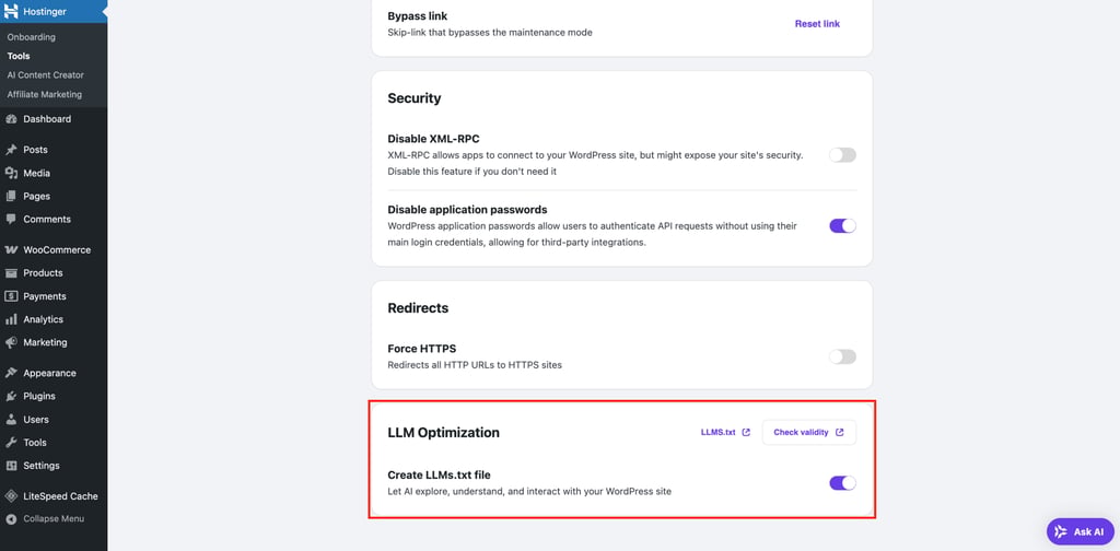 LLM Optimization highlighted in Hostinger Tools plugin for WordPress.