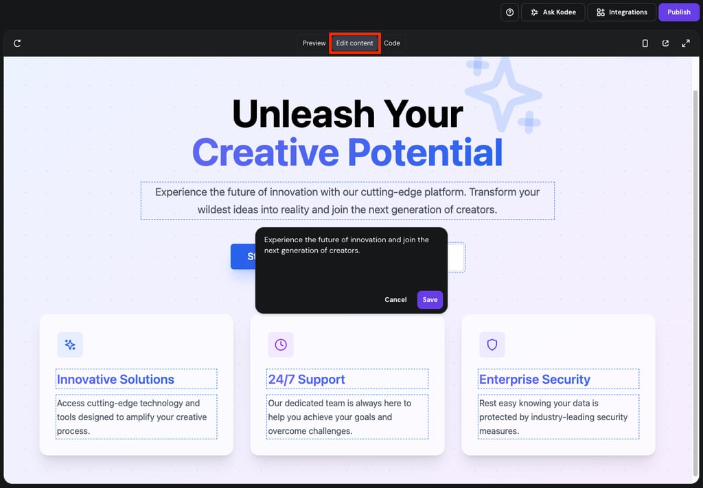 Edit content highlighted in Hostinger Horizons.