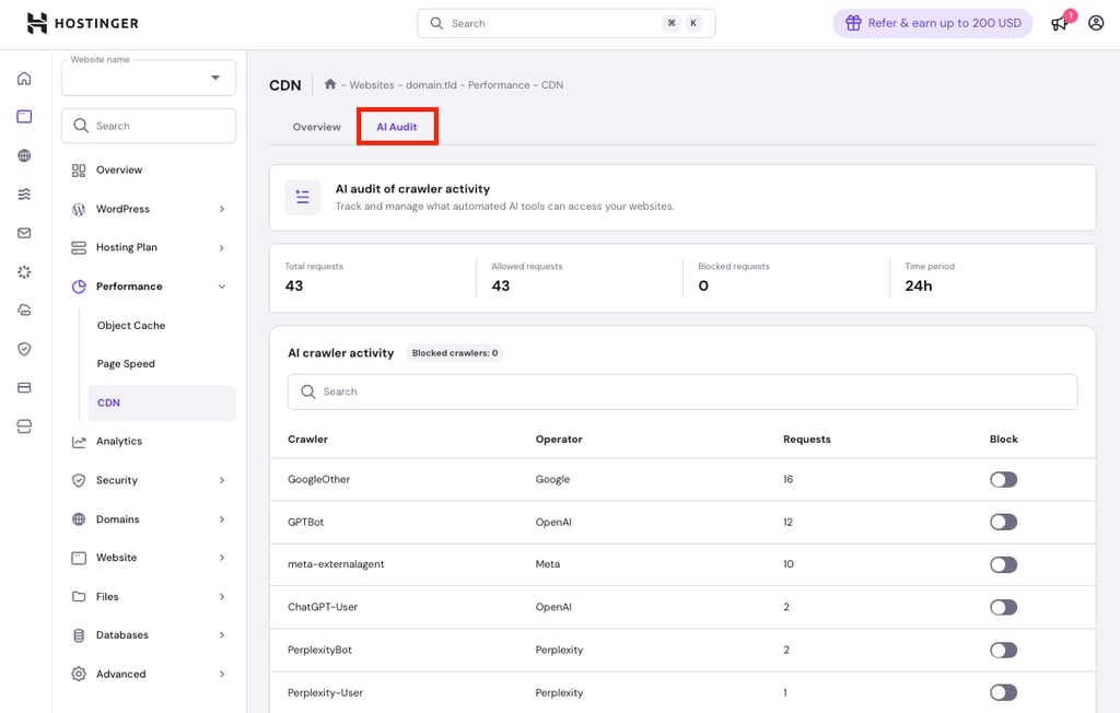 AI Audit highlighted in hPanel's CDN dashboard.