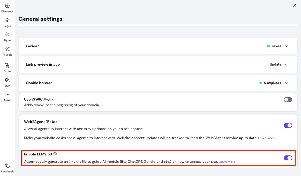 Enable LLMS.txt highlighted in Hostinger Website Builder settings.