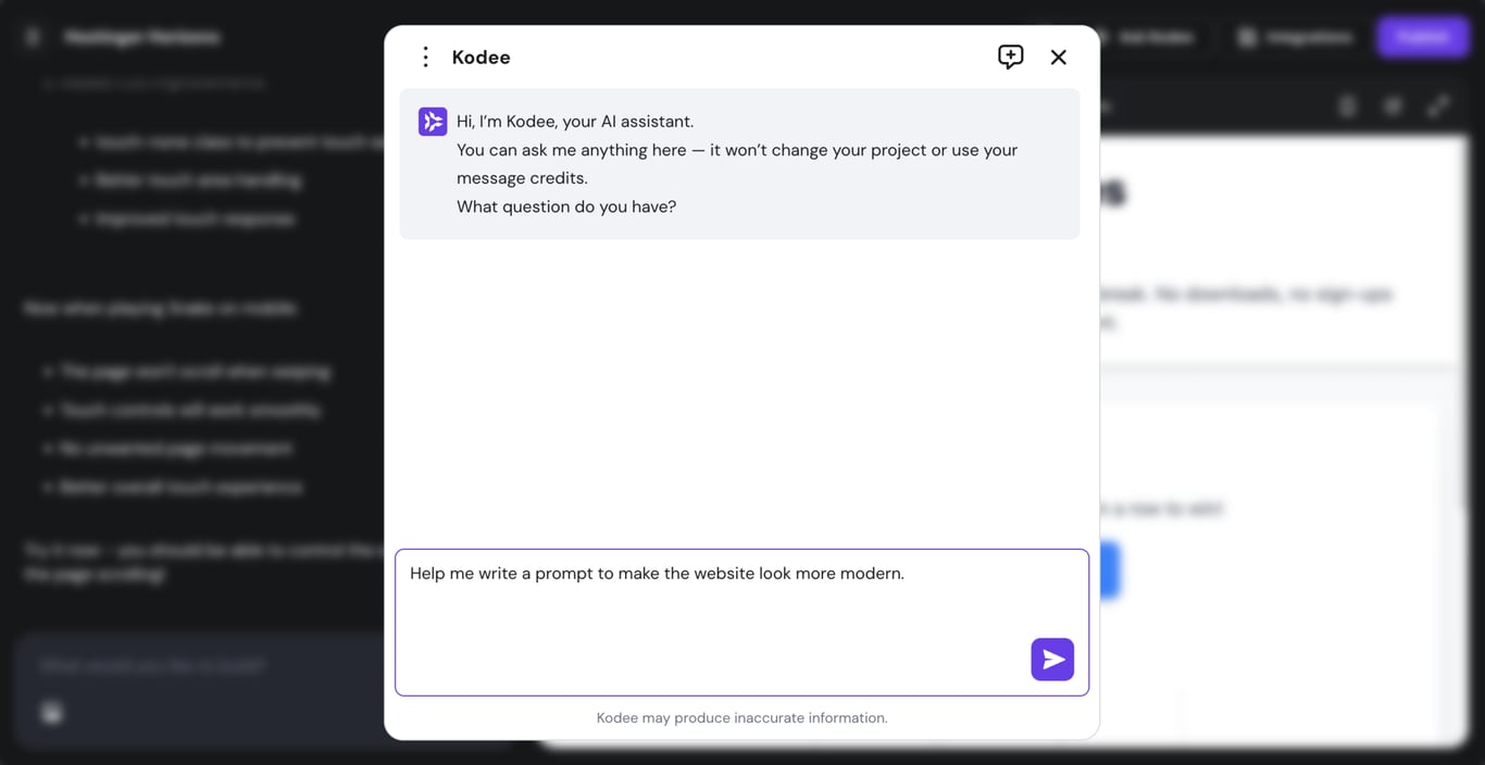 Kodee in Hostinger Horizons.