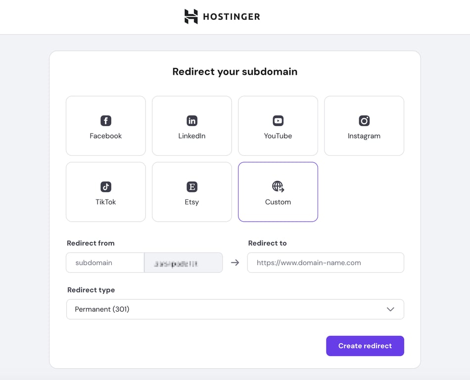 Subdomain redirect options. 
