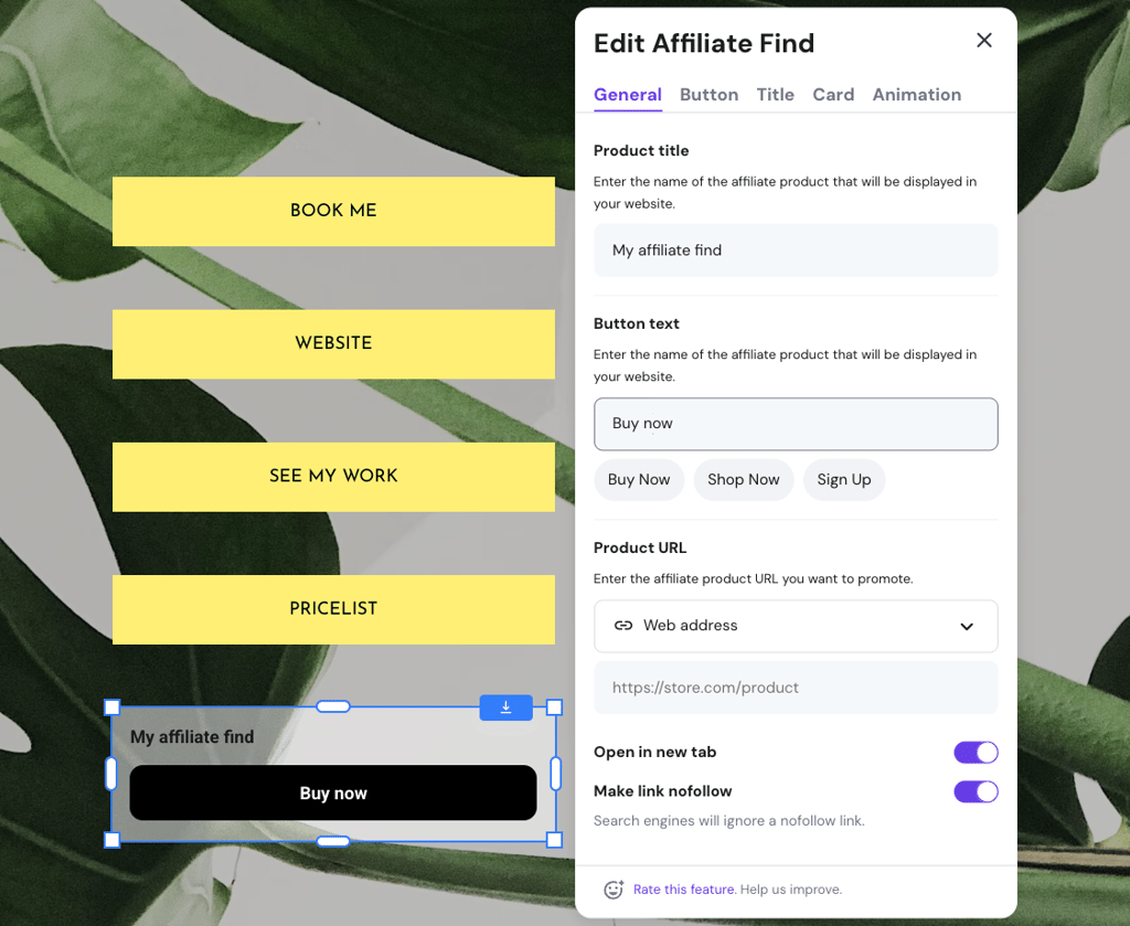 Affiliate Find in Hostinger Website Builder.