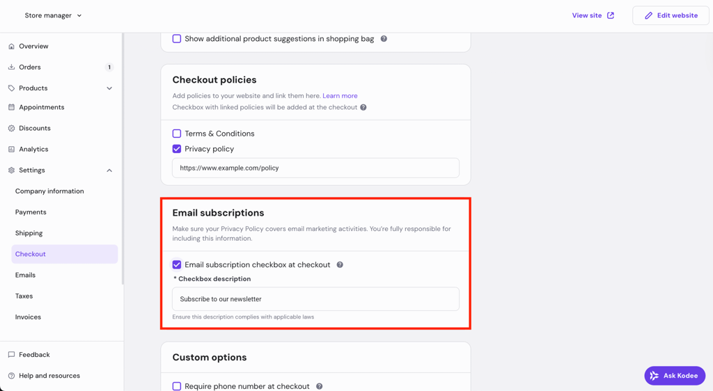 Email subscriptions highlighted in Hostinger Website Builder.