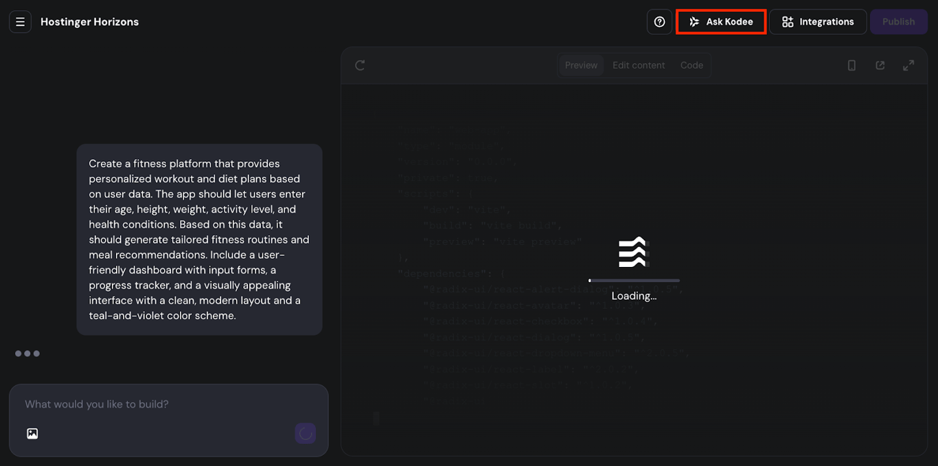 Kodee highlighted in Hostinger Horizons.