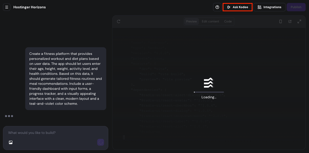 Kodee highlighted in Hostinger Horizons.