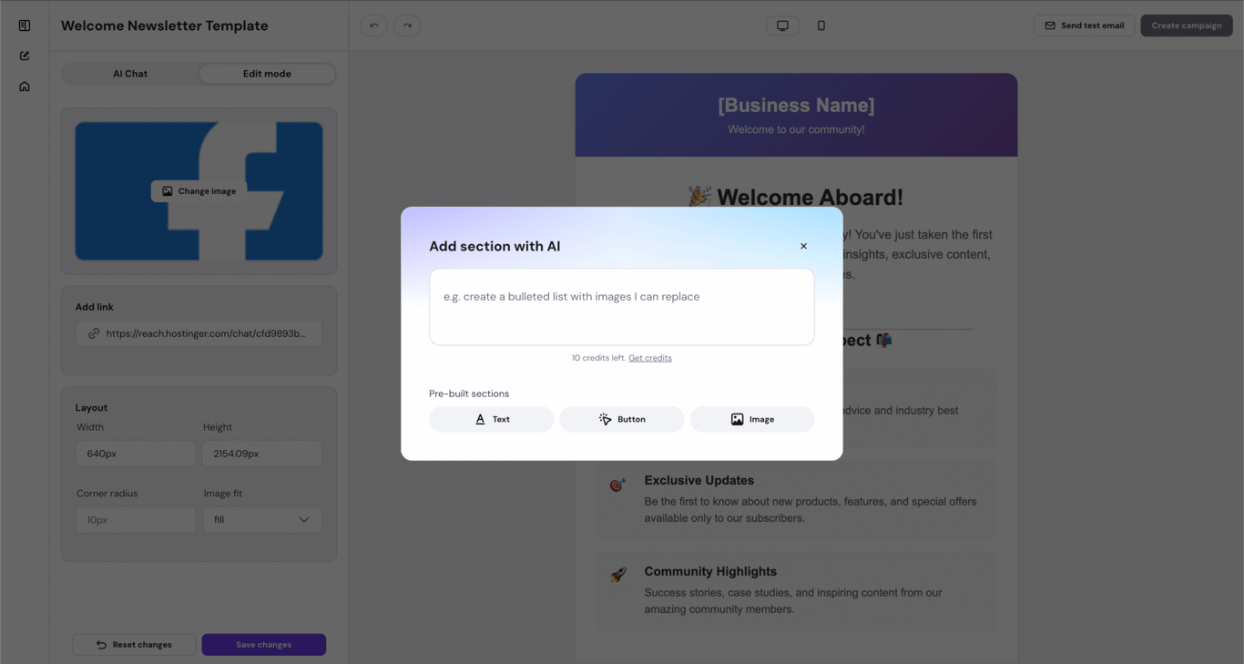 Add section with AI in Hostinger Reach. 