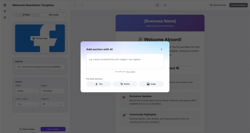 Add section with AI in Hostinger Reach.