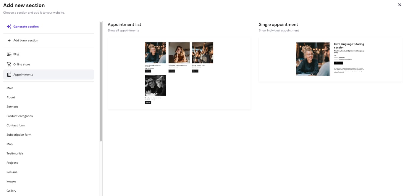 Appointment sections and pages in Hostinger Website Builder. 