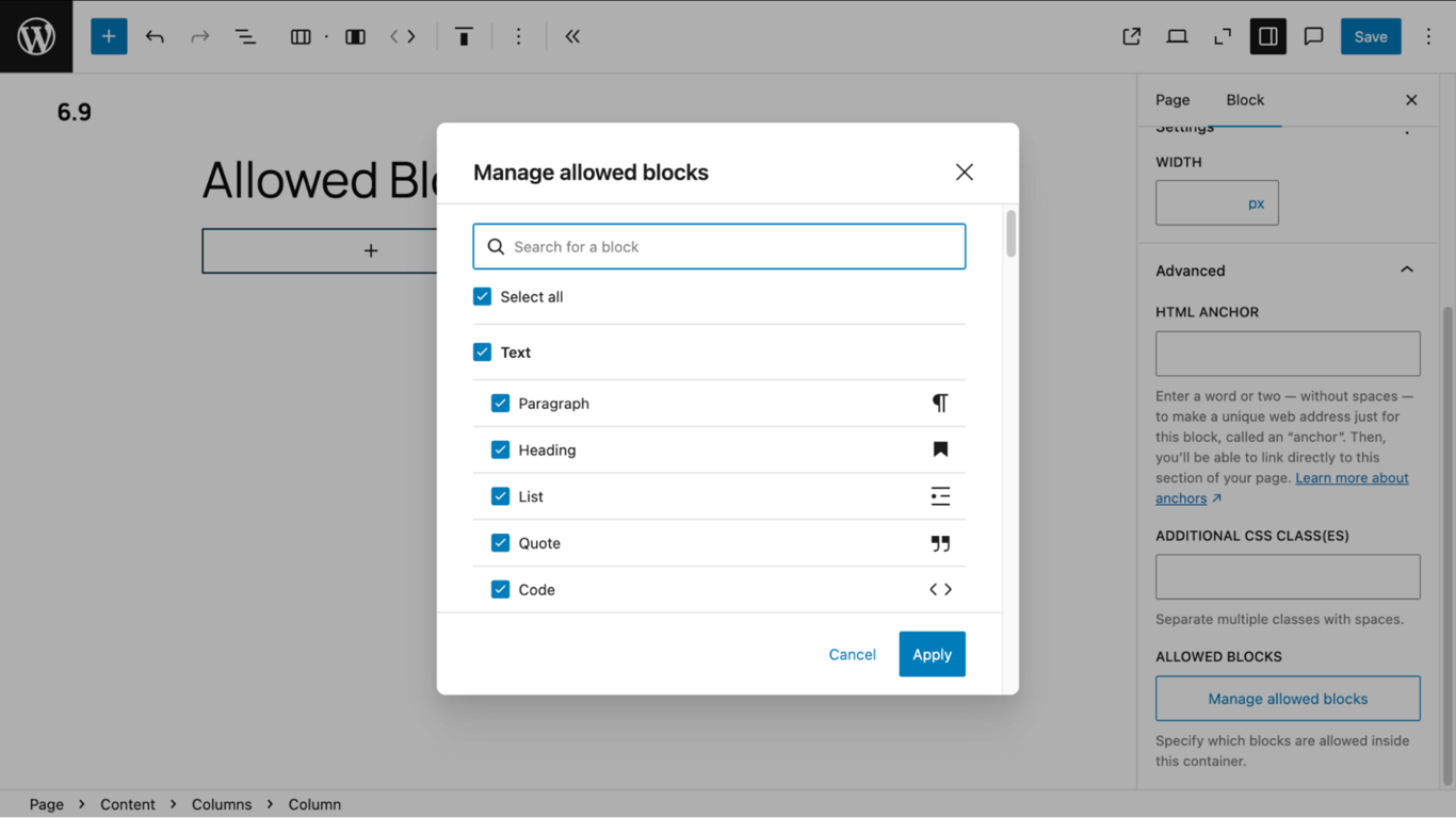 The "Managed allowed blocks" pop-up panel, showing the list of blocks that can be checked to allow them