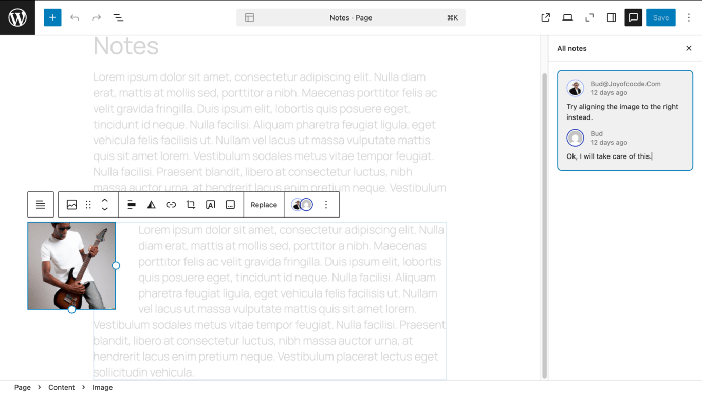 An example when a block Note is selected, showing the focused block and the comment thread