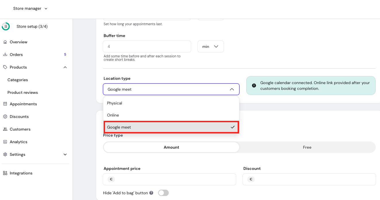 Google Meet highlighted in Hostinger Website Builder Appointments setup. 