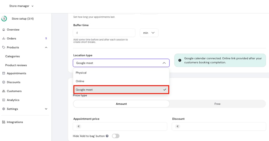 Google Meet highlighted in Hostinger Website Builder Appointments setup.