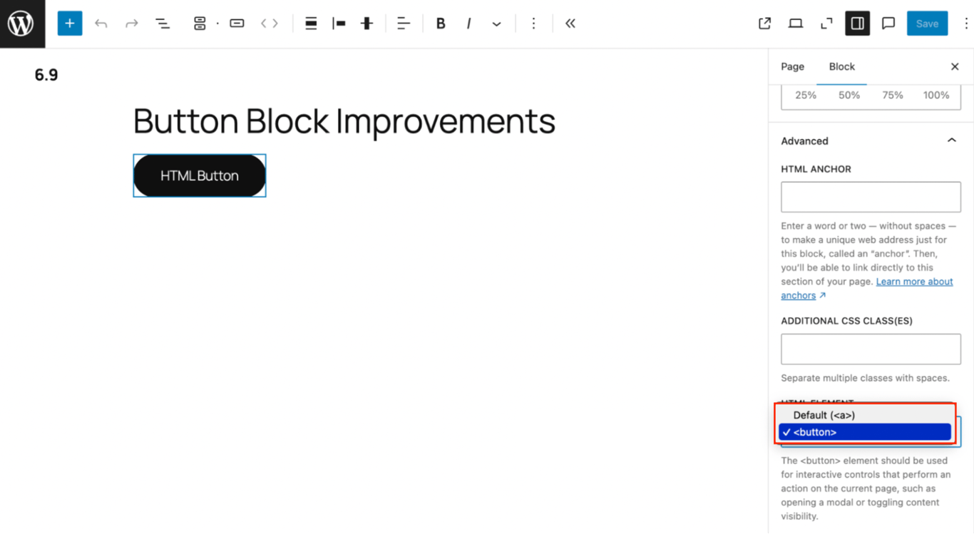 A button block in the editor with the HTML element settings and options highlighted

