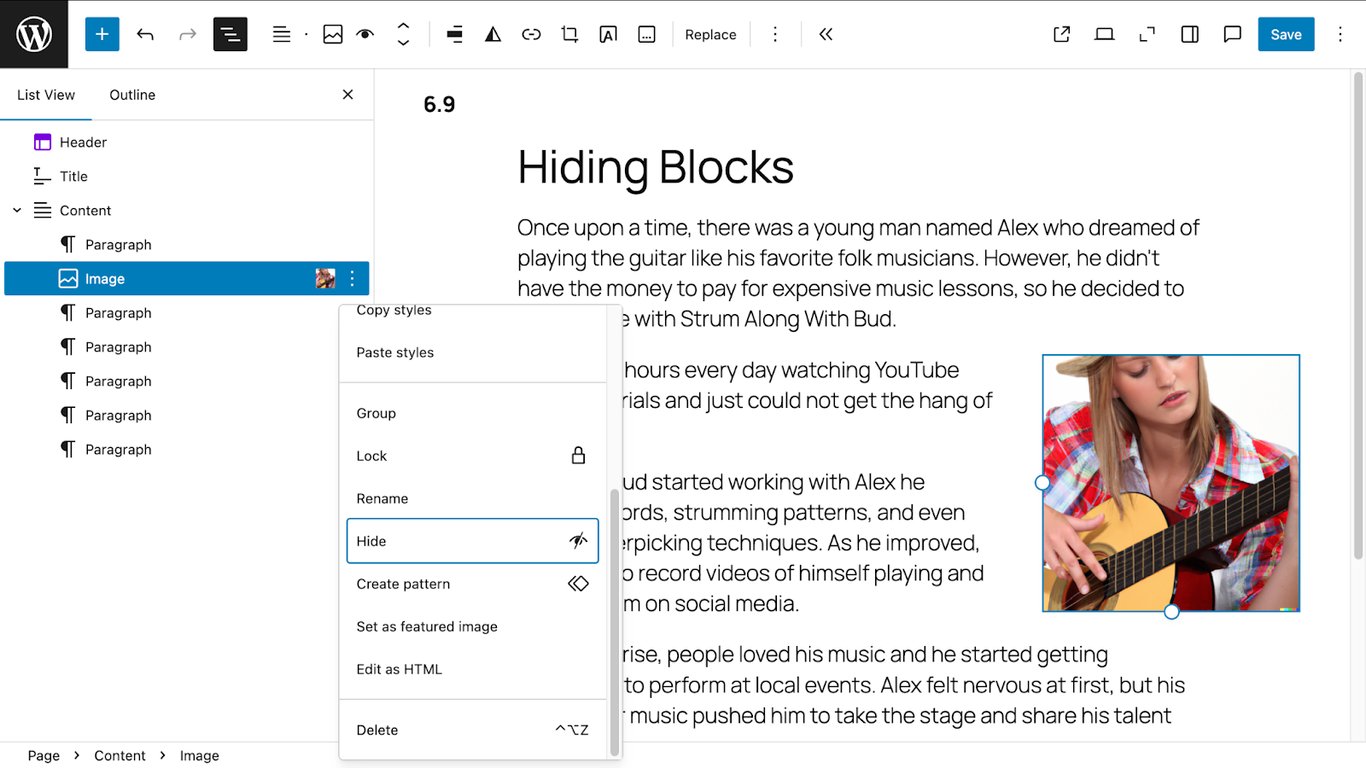 mage block options menu in the list view with the "Hide" option 