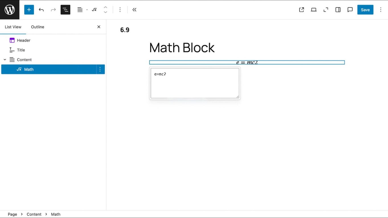 Math block in the block editor, showing the text field to enter the math equation