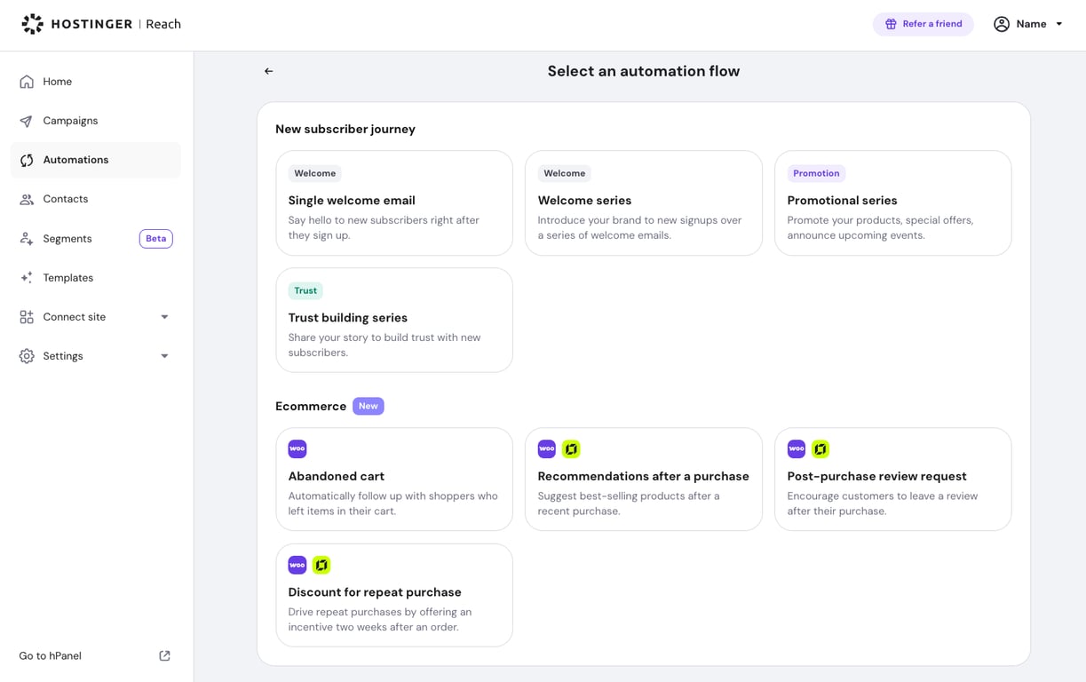 Post-purchase automations in Hostinger Reach.