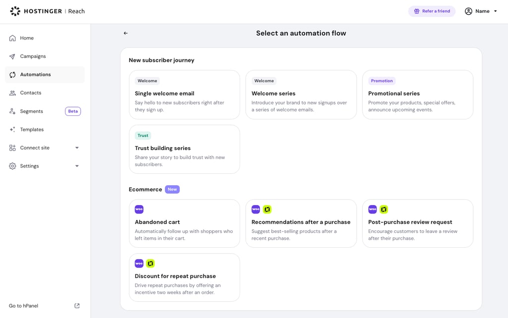 Post-purchase automations in Hostinger Reach.
