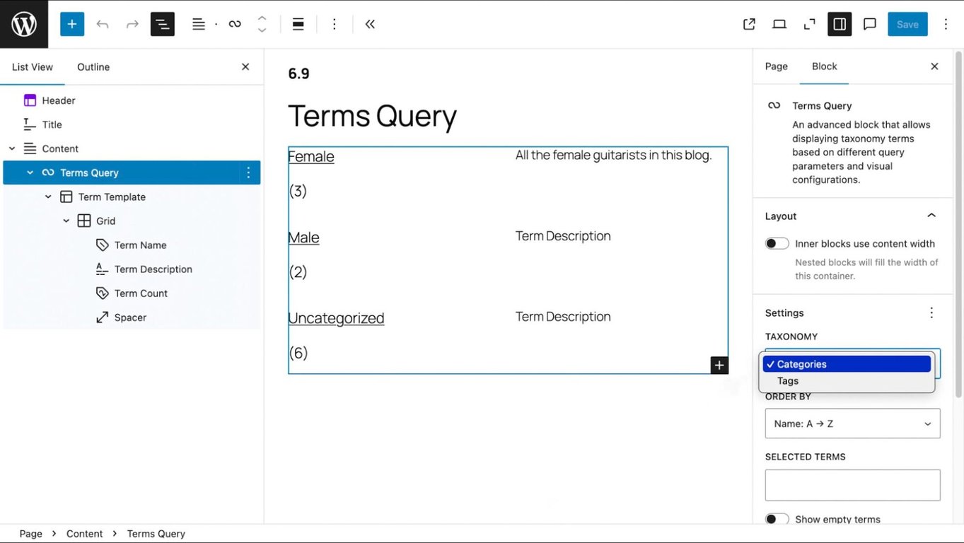 Terms Query block with the taxonomy settings shown to select between Categories and Tags