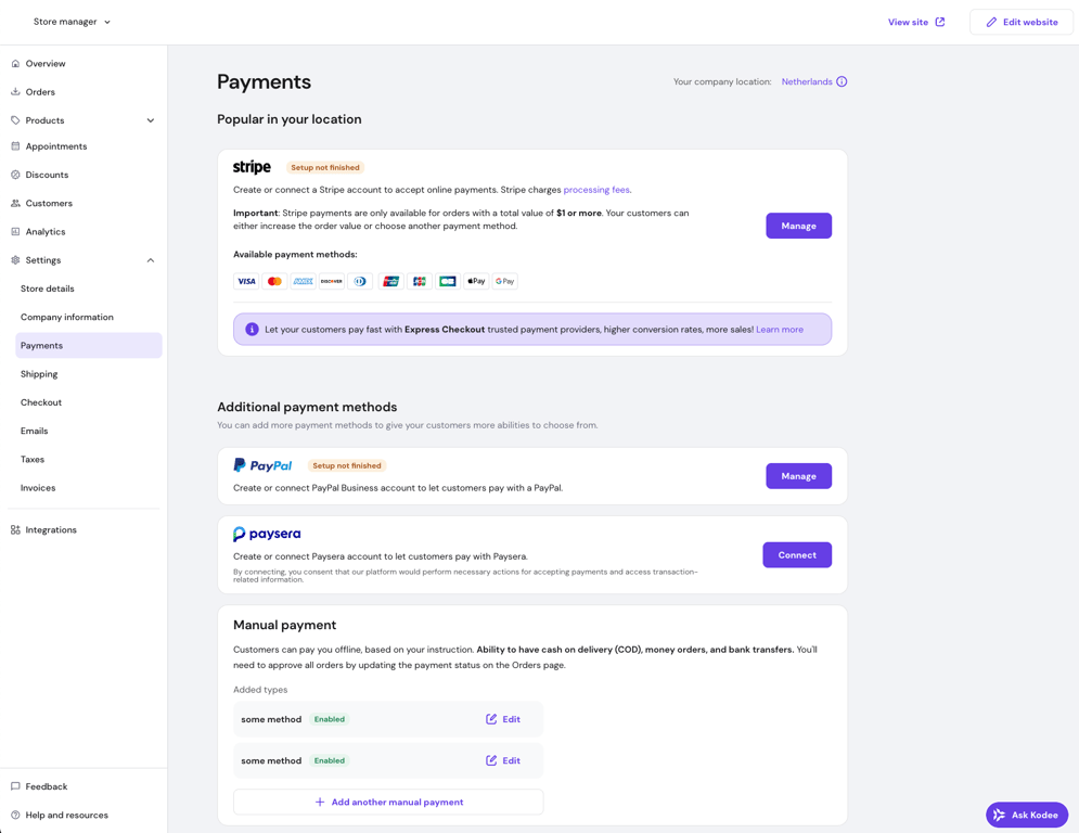 Payments management page in Hostinger Website Builder.