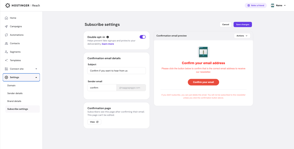 Double opt-in option in Hostinger Reach.
