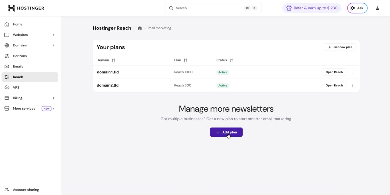 Multiple plans listed in Hostinger Reach. 