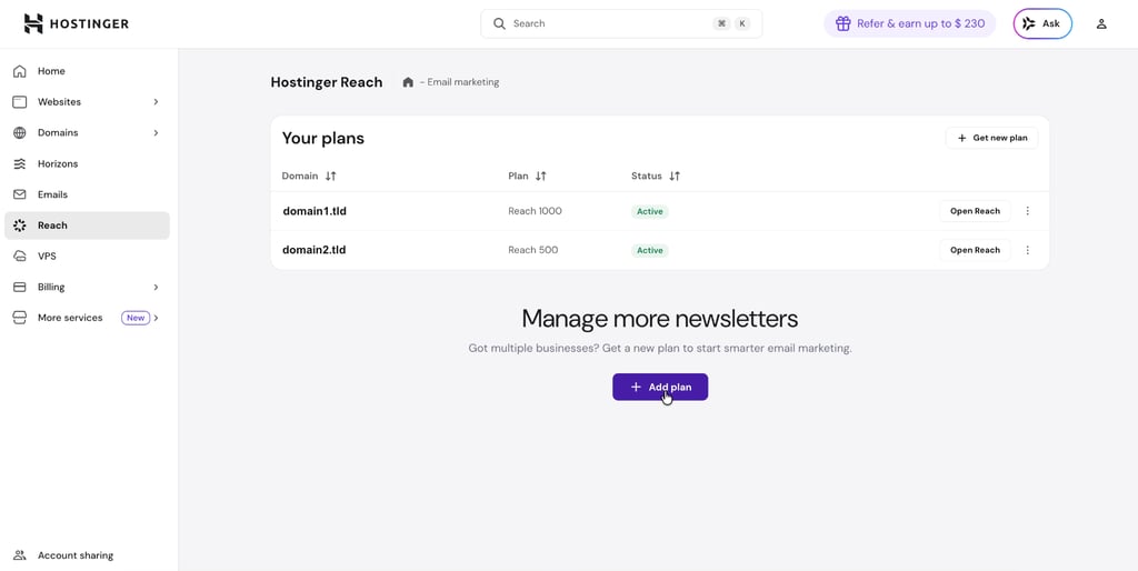 Multiple plans listed in Hostinger Reach.