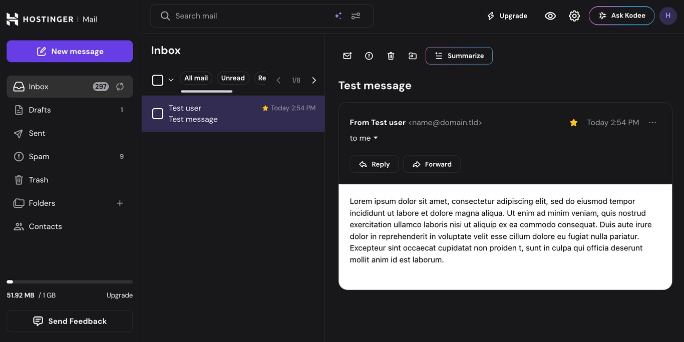 Dark theme in Hostinger webmail. 