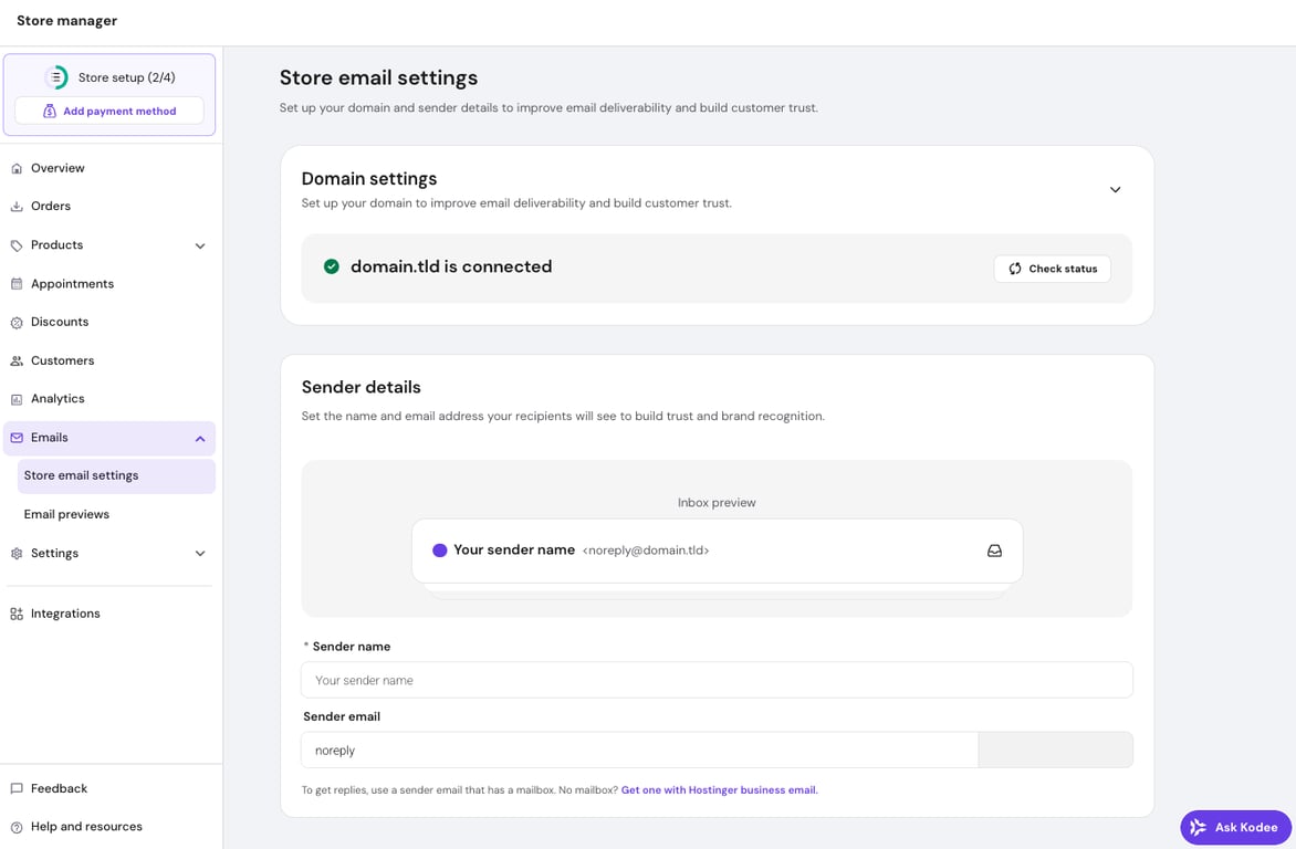 Store email settings in Hostinger Website Builder.
