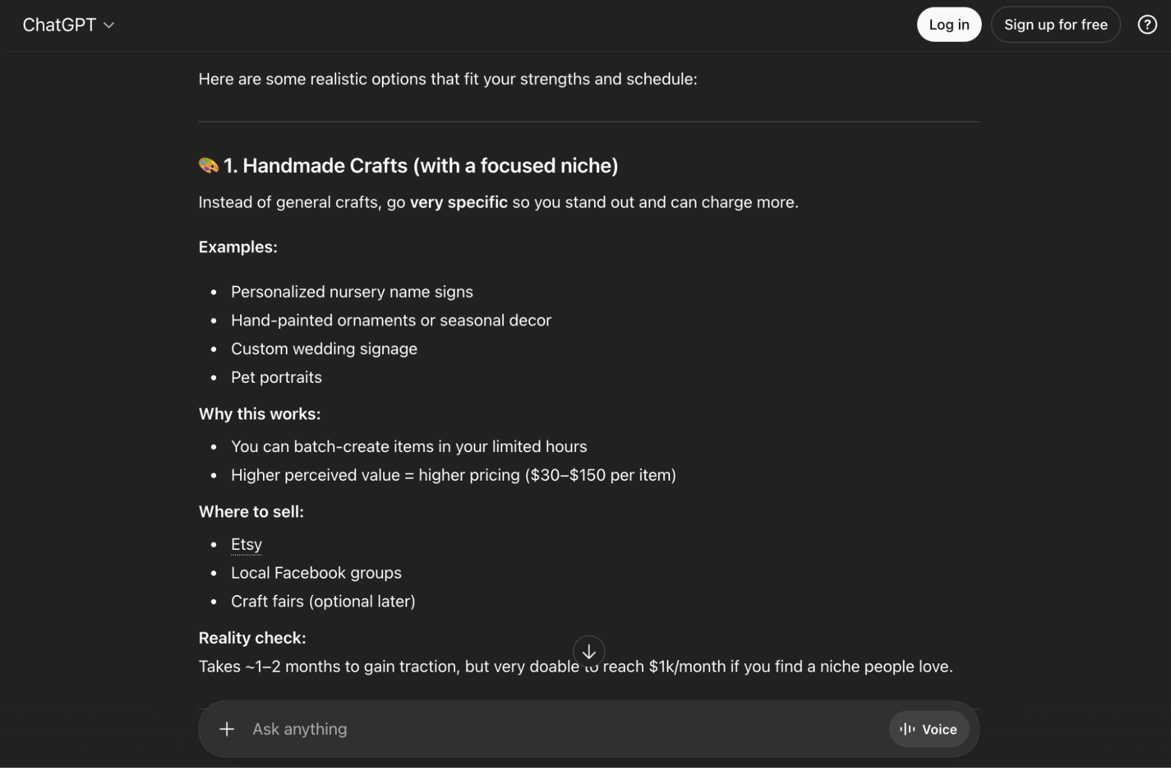 ChatGPT panel showing results with small business ideas