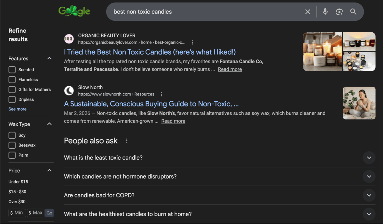 Google results for "best non toxic candles"