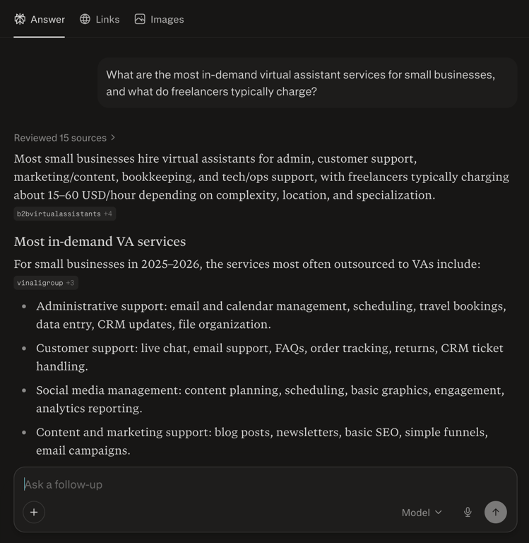 Perplexity panel showing market research results