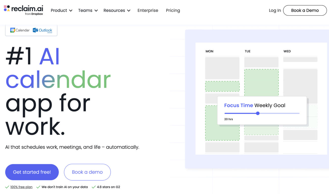 Homepage of Reclaim.ai