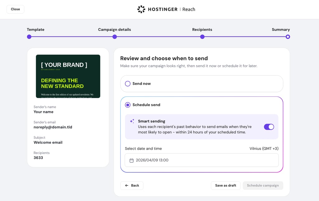 Smart sending in Hostinger Reach.