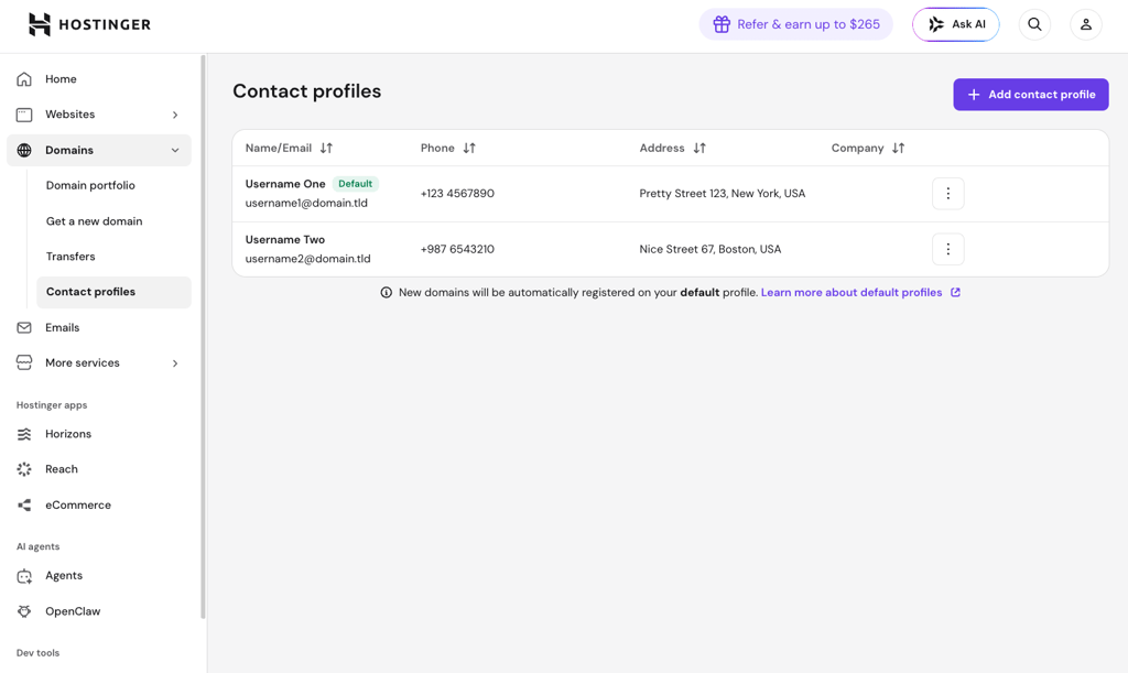 Domain Contact profiles in hPanel.