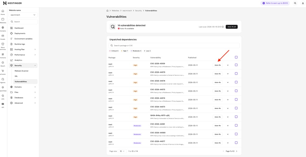 Managed Node.js hosting vulnerability auto-fixes.