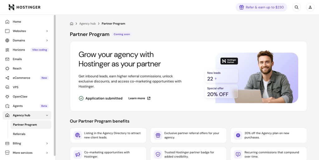 Hostinger Partner Program in hPanel.