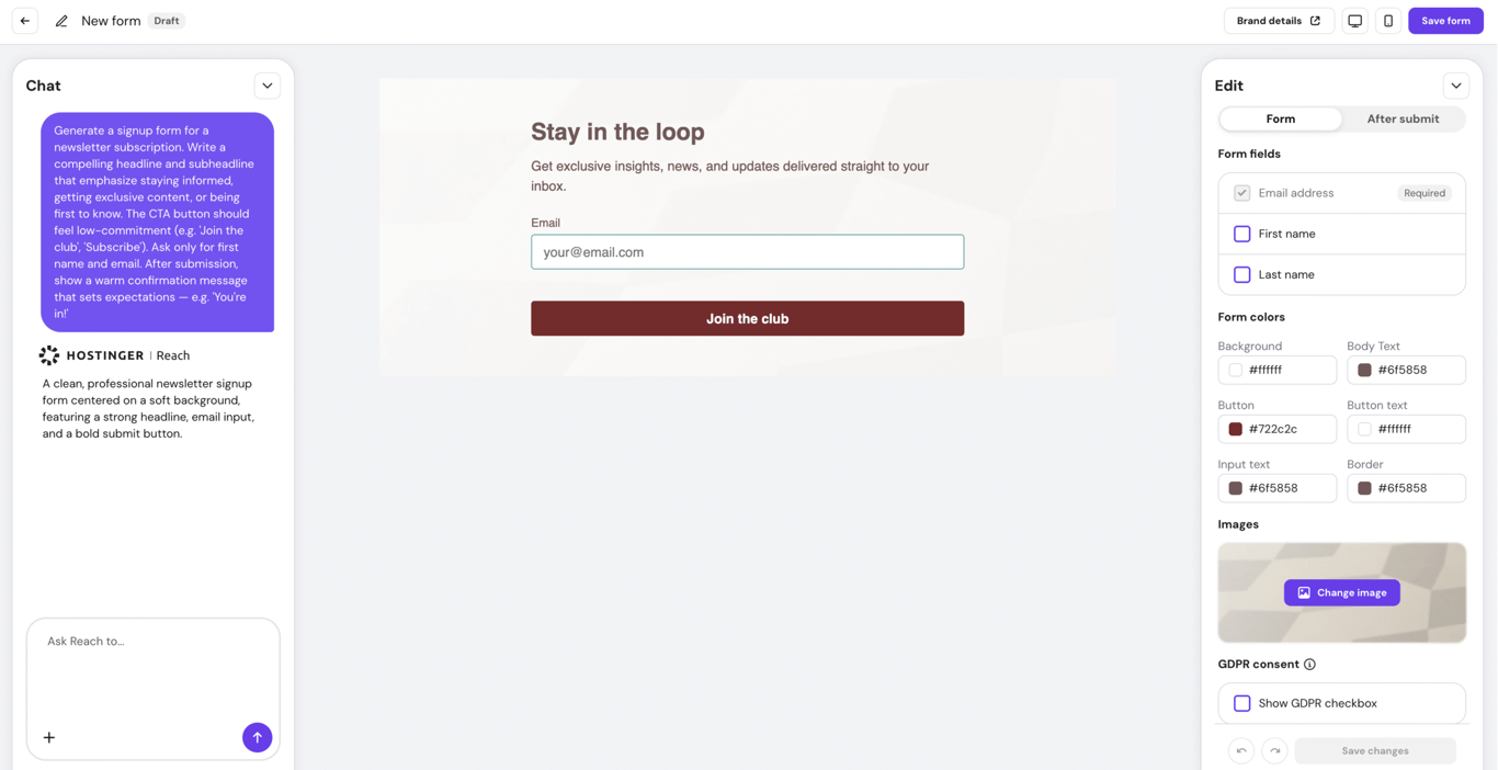 AI form builder in Hostinger Reach.